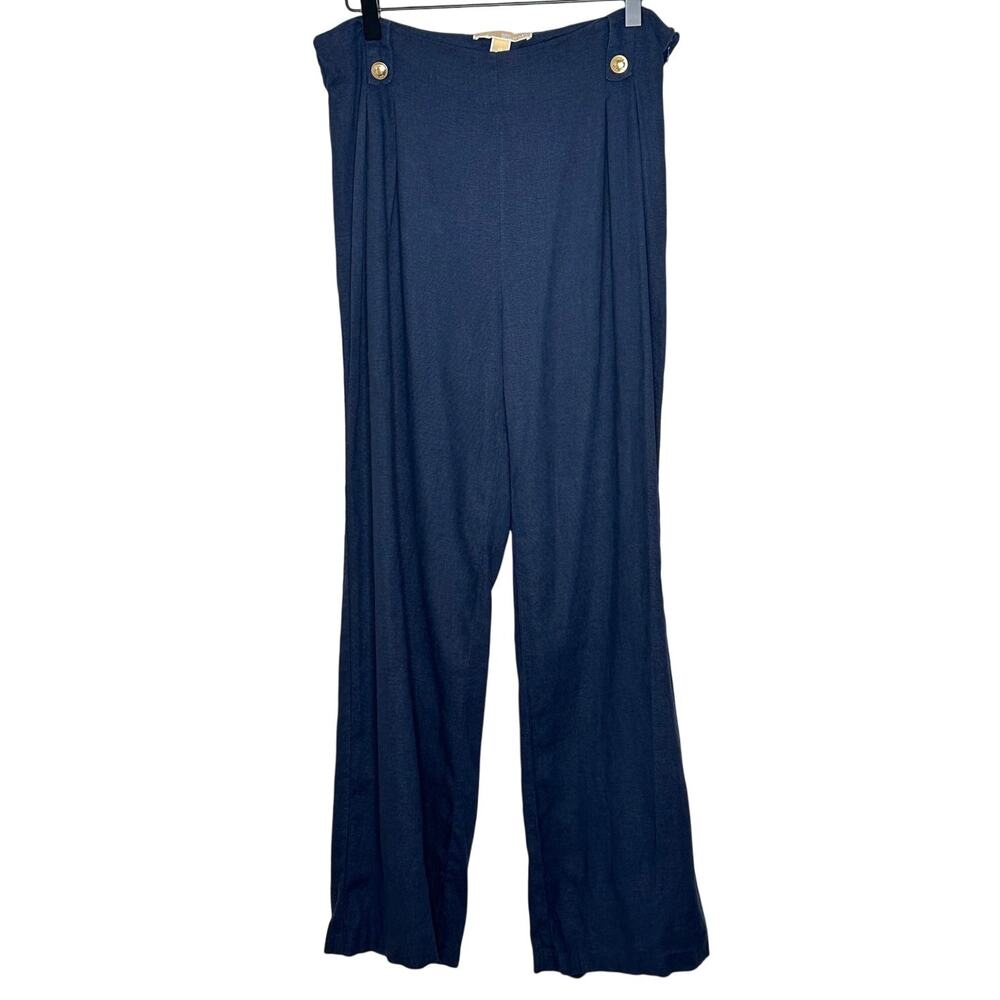 Michael Kors Wide Leg Linen Blend Blue Pants Gold Accents Workwear Preppy 10